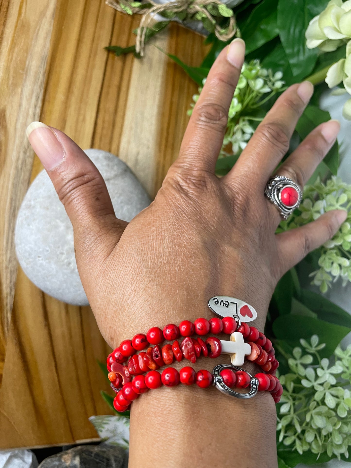 Red Bamboo Coral Chips, w/Reconstituted White Cross Stone, Healing Bracelet.