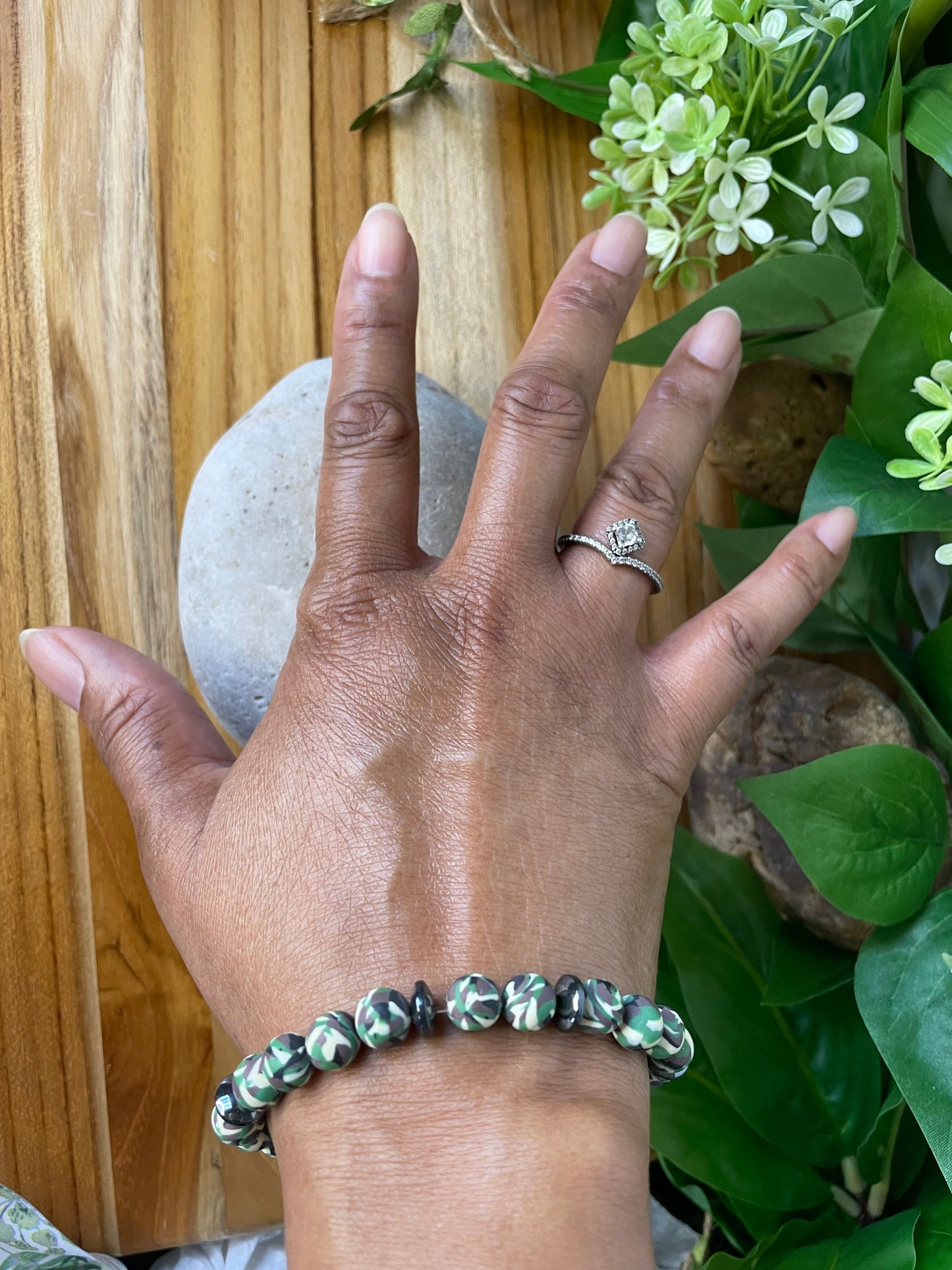 Clay, Green Camouflage w/Hematite Stones, Healing Bracelet.