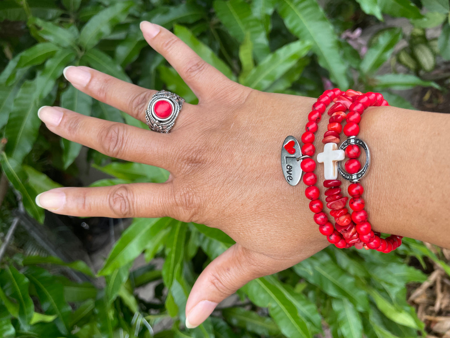 Red Bamboo Coral w/Love Charm, Healing Bracelet.