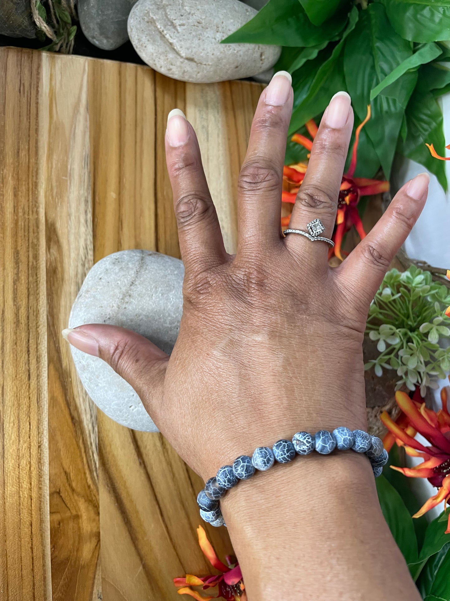 Agate, Crackle Black,  “Blue Stone” Healing Bracelet.