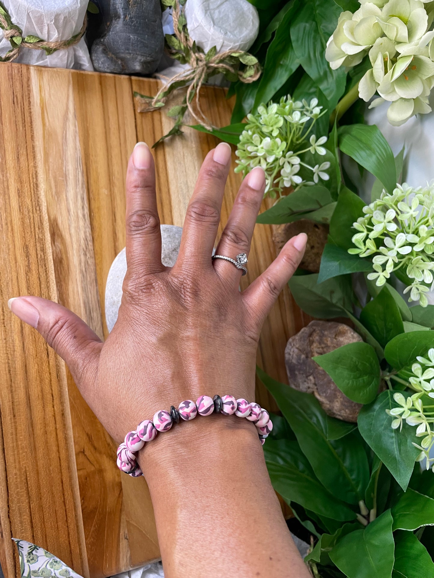 Clay, Pink Camouflage w/Hematite Stones Healing Bracelet.