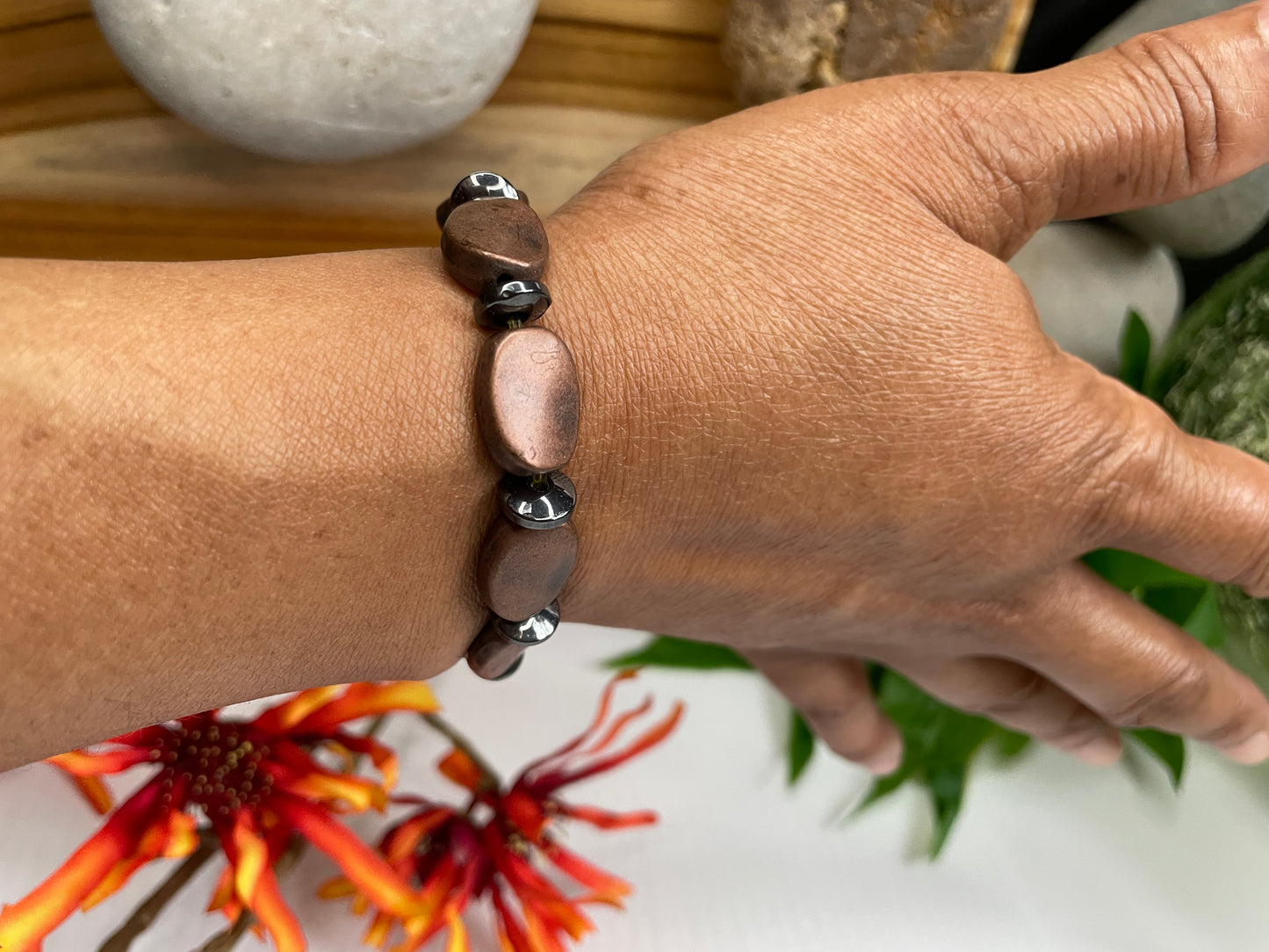 Copper Plated Oval Stones w/ Hematite, Healing Bracelet.