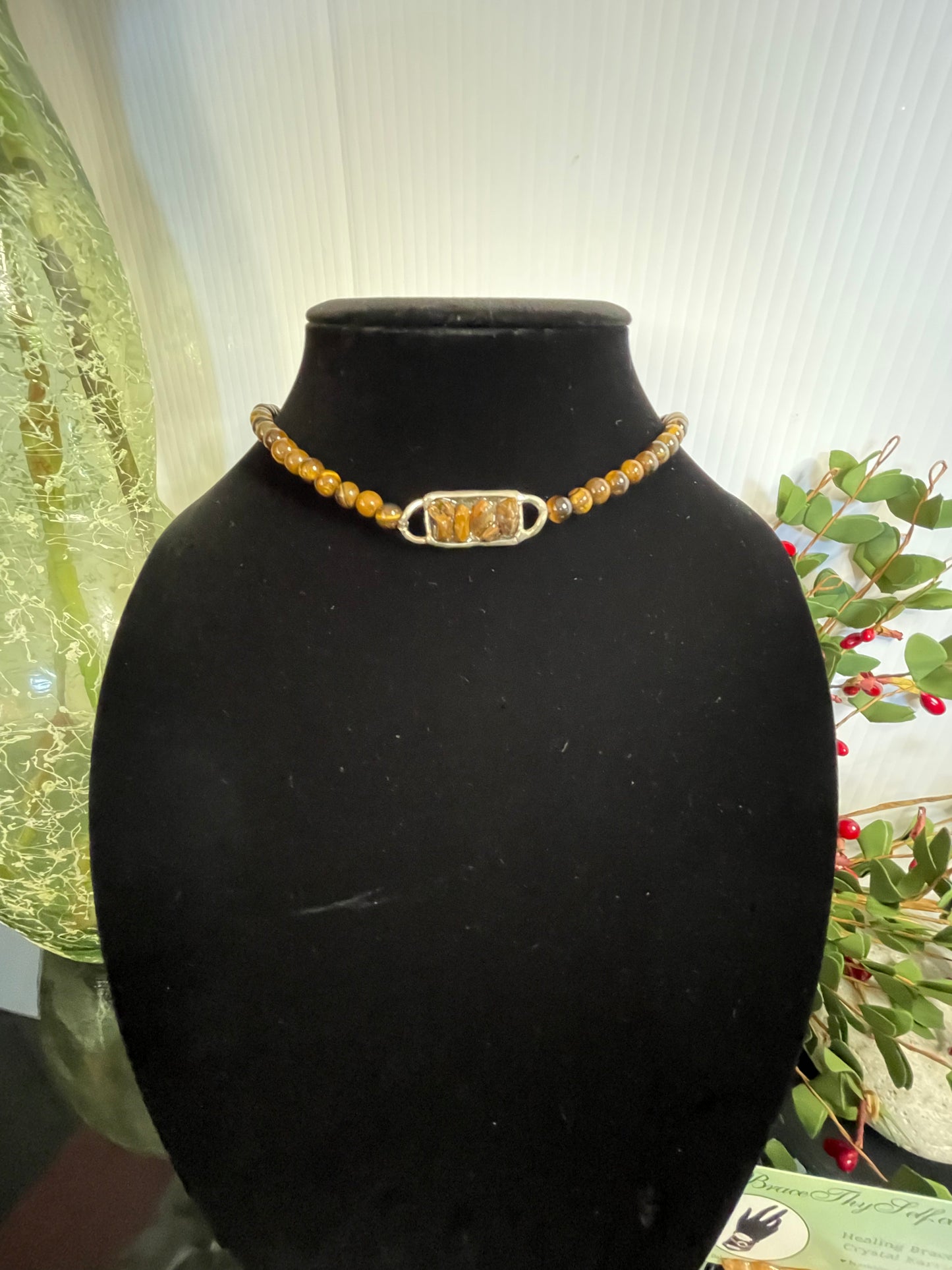 Tiger Eye Chocker w/Antique Silver Plate, Healing Necklace.