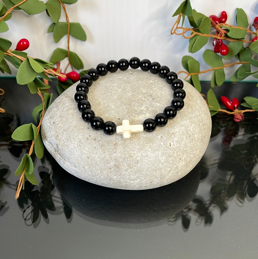 Jasper Black w/Reconstituted White Cross Stone, Healing Bracelet.