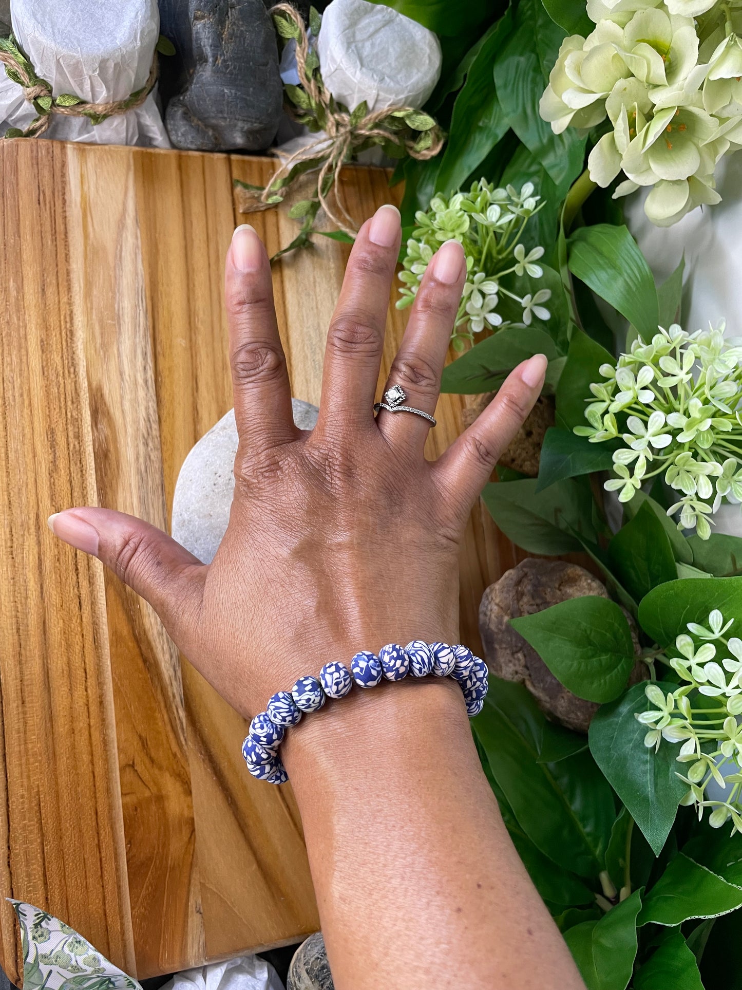 Clay, Blue & White Camouflage Rondelle, Healing Bracelet.