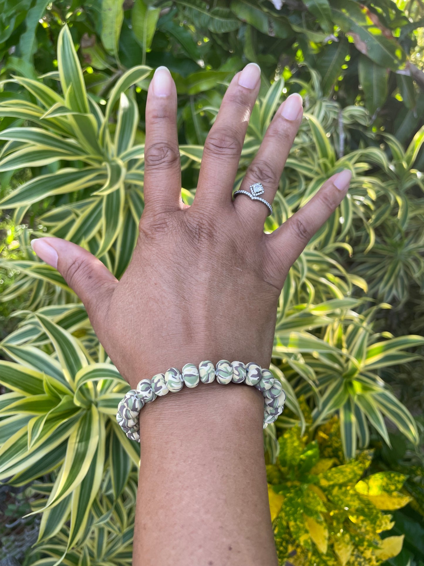 Clay, Light Green Camouflage Rondelle, Healing Bracelet.