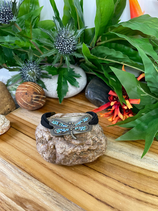 Dragonfly, Black Suede Metal Inspirational Bracelet.
