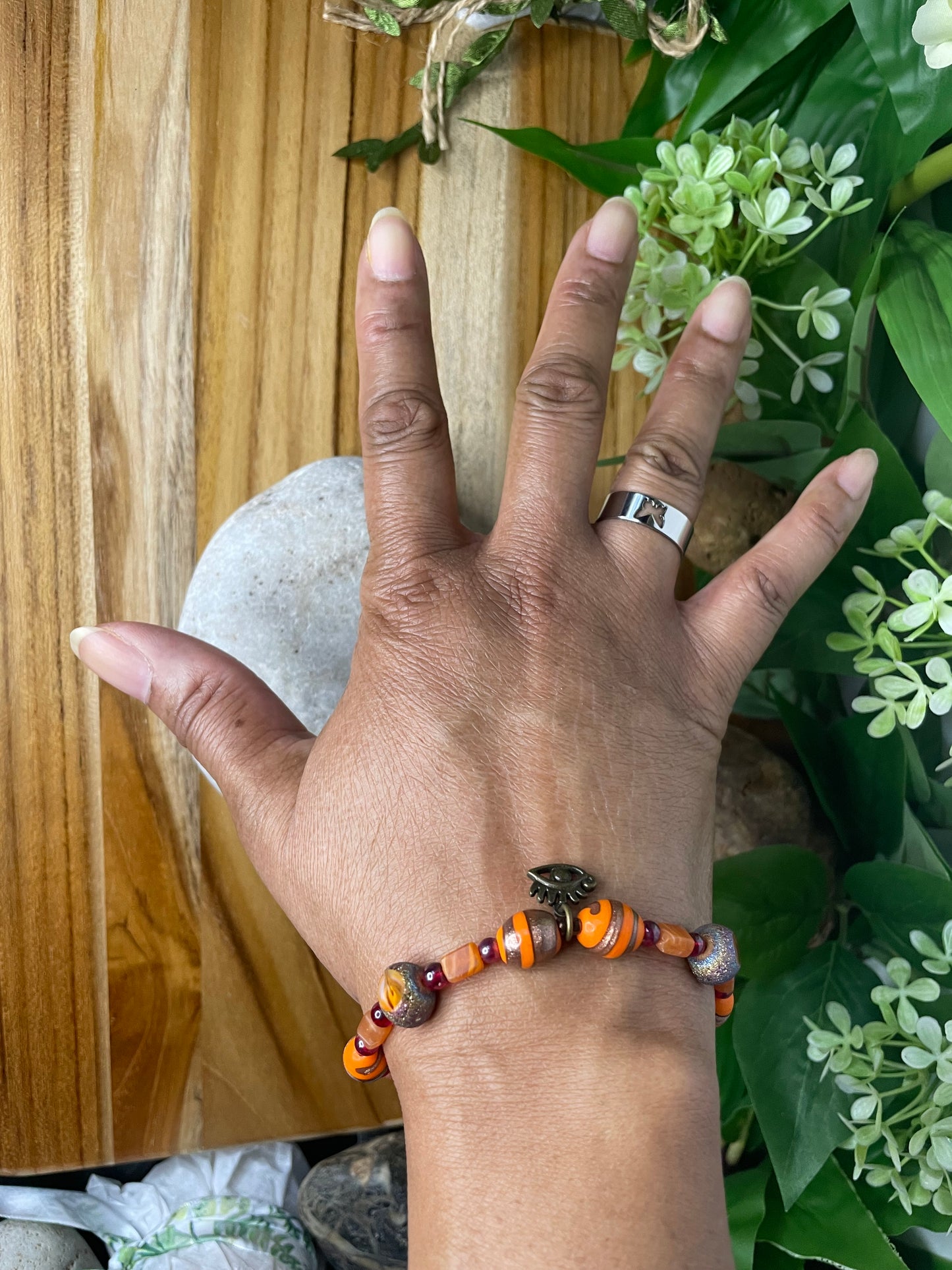 Vibrant Orange Stones w/Evil Eye, Healing Bracelet.