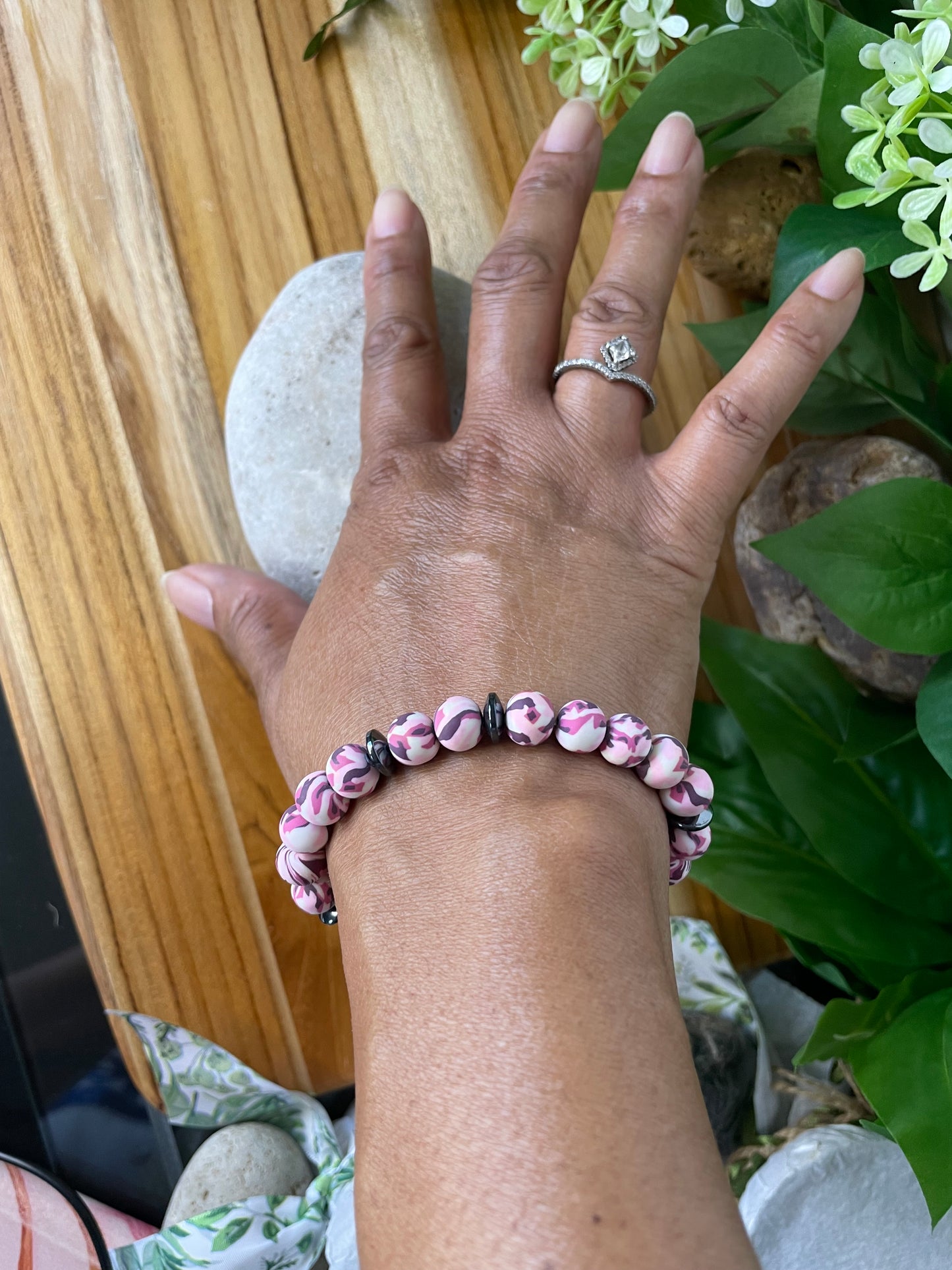 Clay, Pink Camouflage w/Hematite Stones Healing Bracelet.