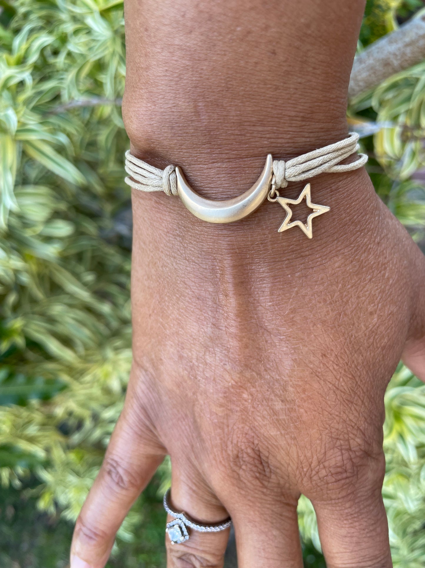 Moon & Star, Beige Hemp,  Gold Metal Inspirational Bracelet.