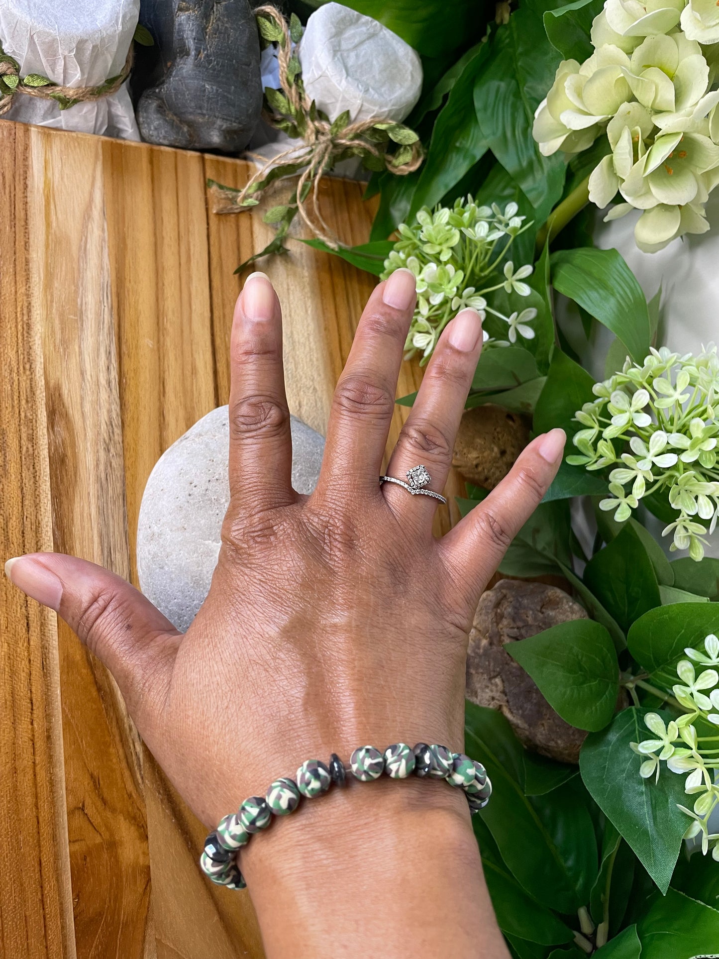 Clay, Green Camouflage w/Hematite Stones, Healing Bracelet.