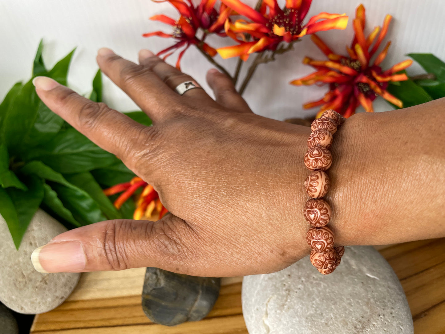 Amber Wood w/Hearts Healing Bracelet.