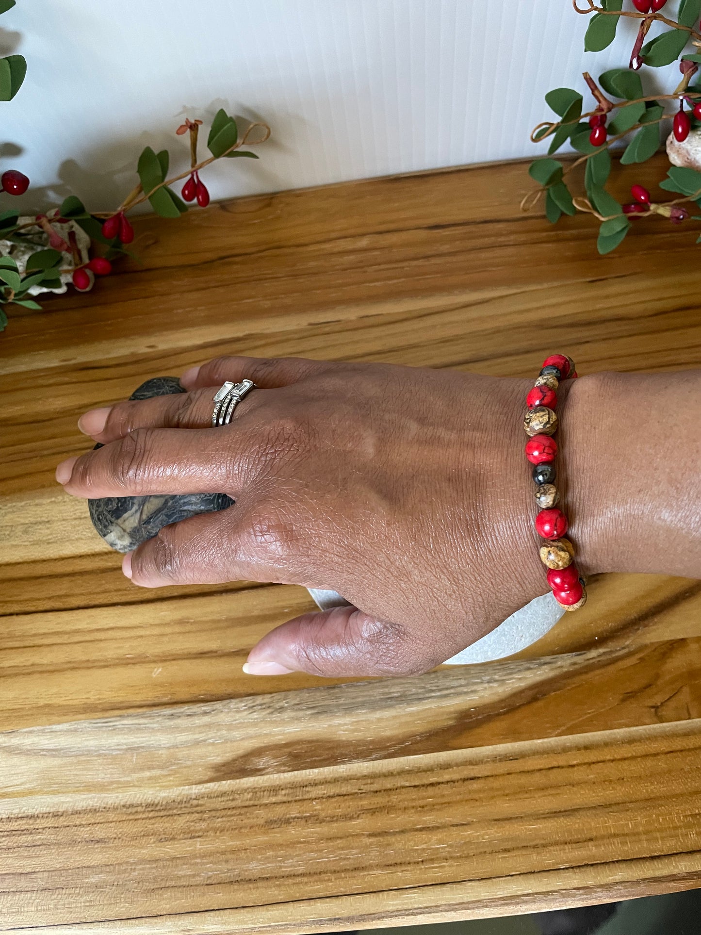 Red Bamboo, Jasper & Hematite Stones, w/ Batik Bone Spear, Healing Jewelry