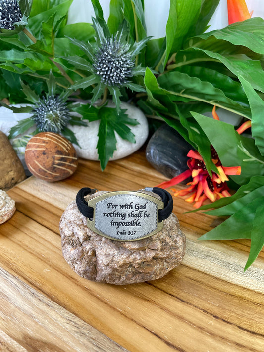 For With God Nothing Shall Be Impossible, Black Suede Metal Inspirational Bracelet.