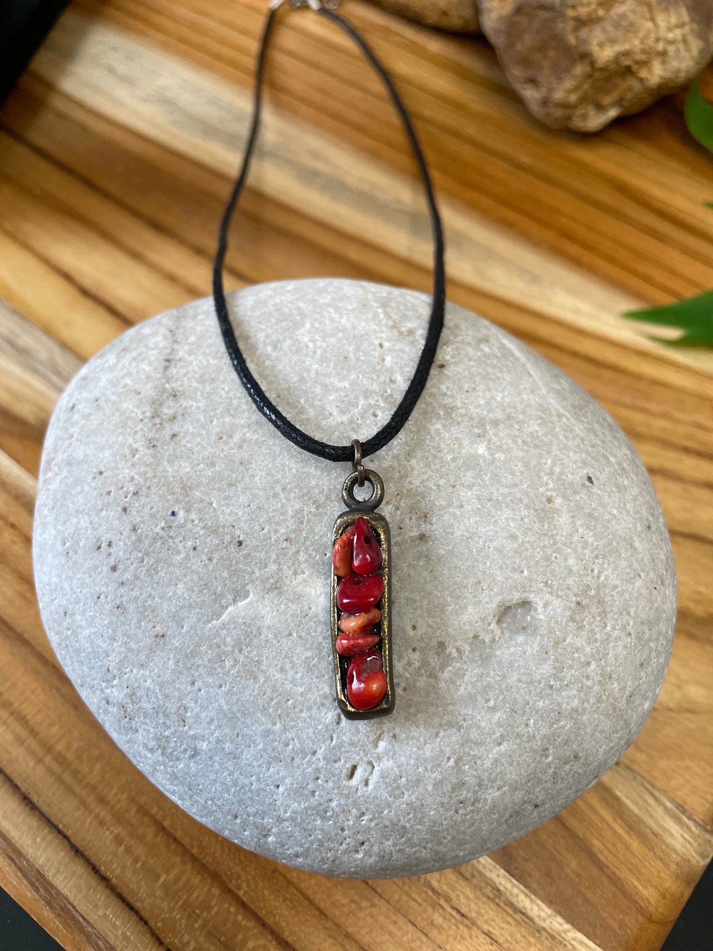 Red Bamboo Coral, Antique Copper Plated Necklace.