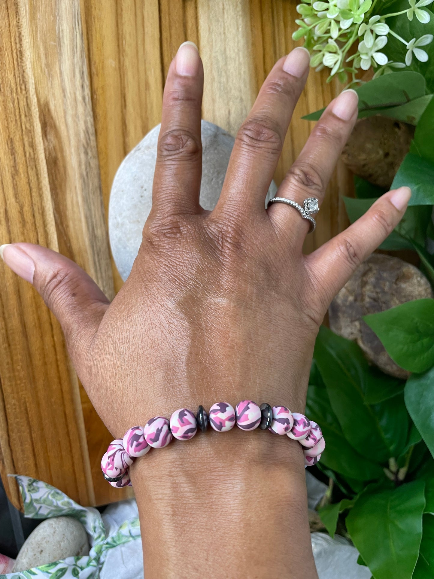 Clay, Pink Camouflage w/Hematite Stones Healing Bracelet.