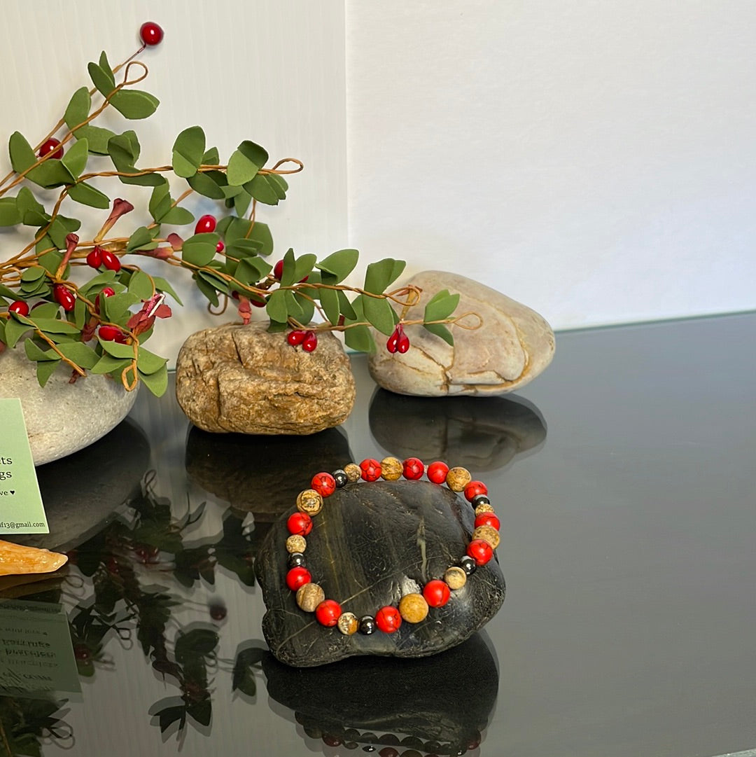 Red Bamboo, Jasper & Hematite Stones, w/ Batik Bone Spear, Healing Jewelry