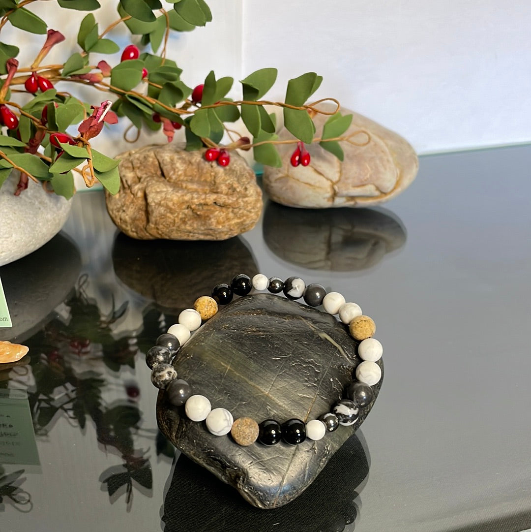 Zebra, White Stones, w/ Black & Beige Jasper Stones w/ Hematite spacer. Healing Jewelry.