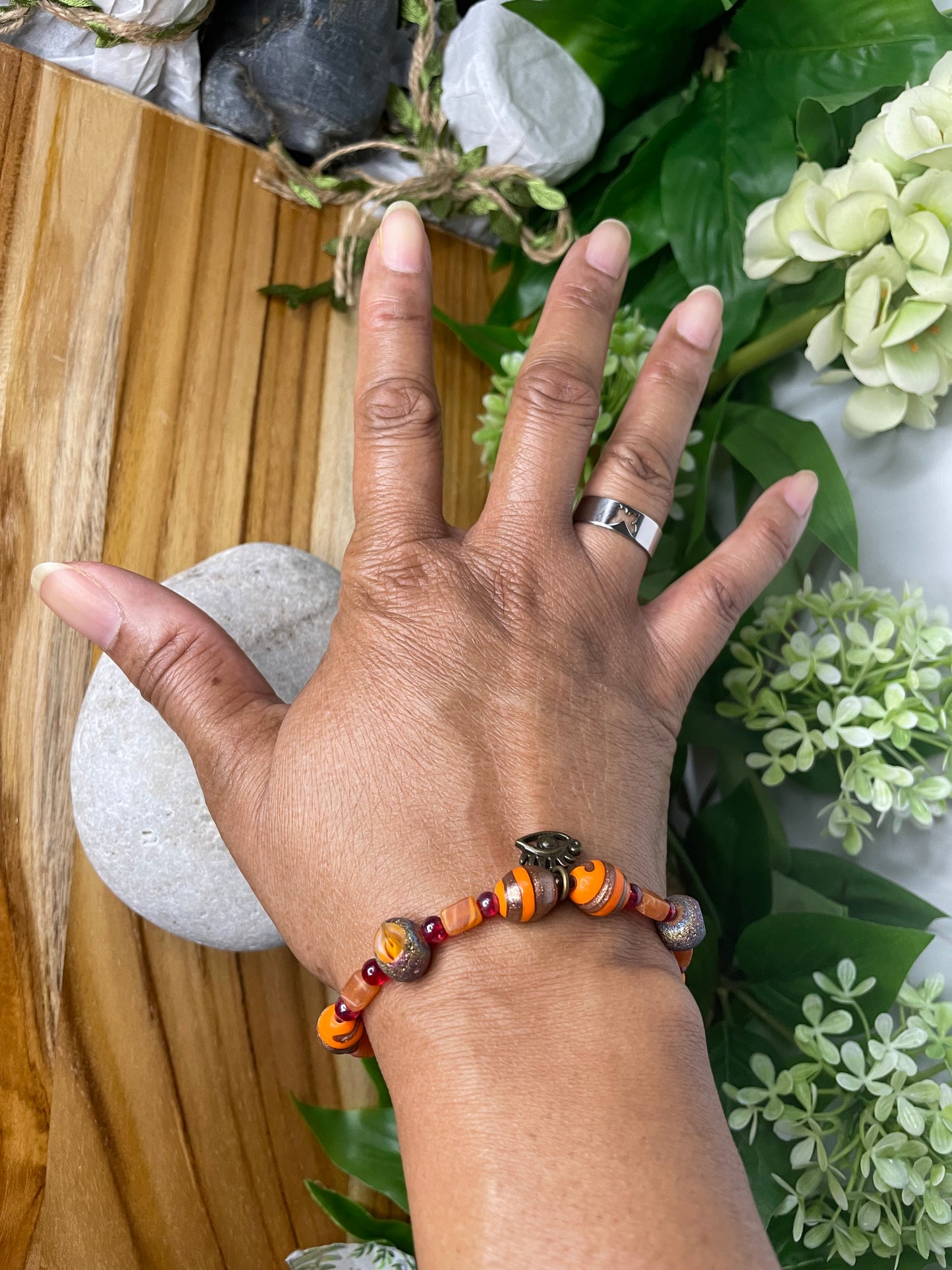 Vibrant Orange Stones w/Evil Eye, Healing Bracelet.