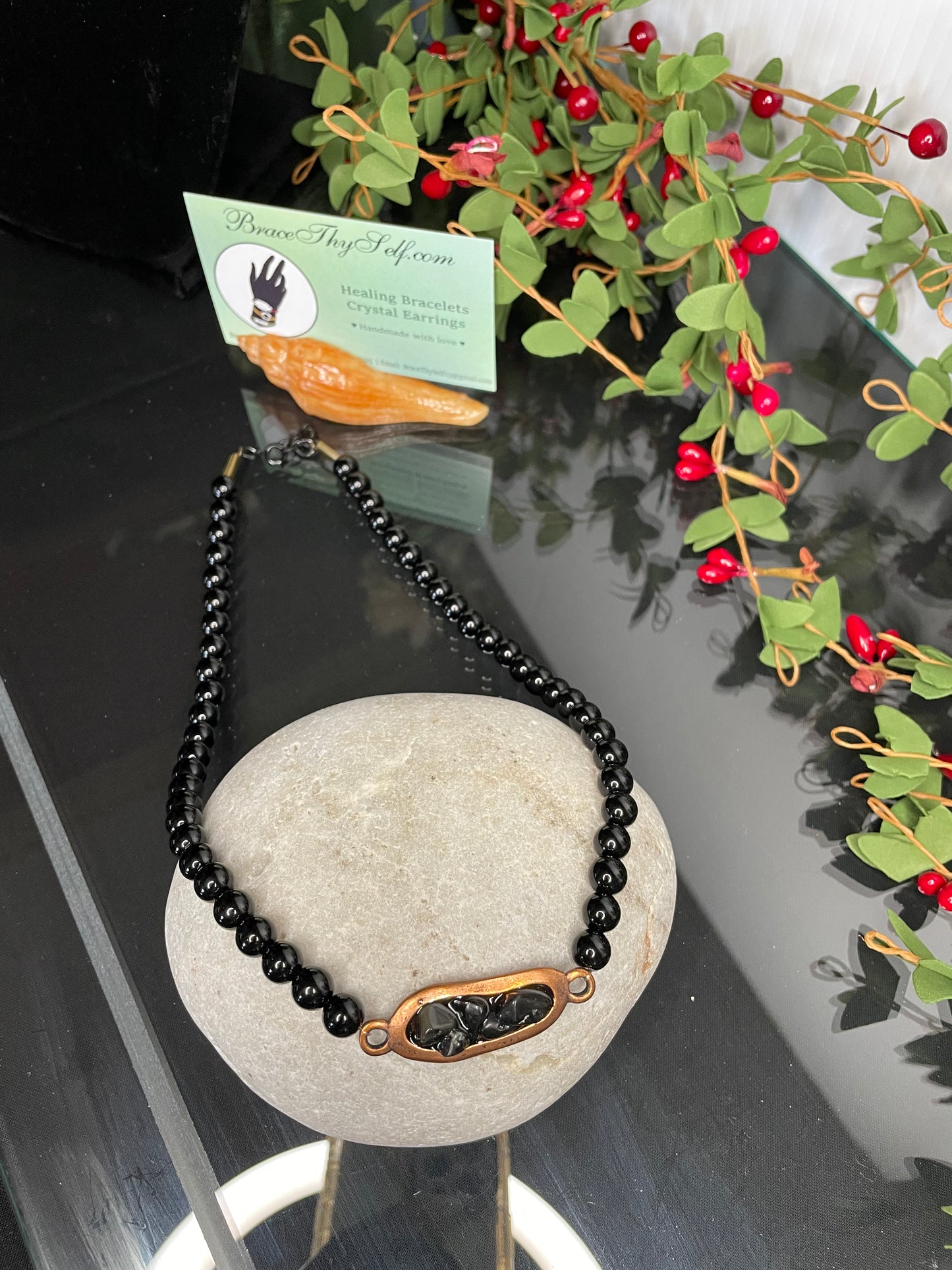 Jasper Stone Chocker w/Antique Copper Plate w/Black Obsidian Stones, Healing Necklace.