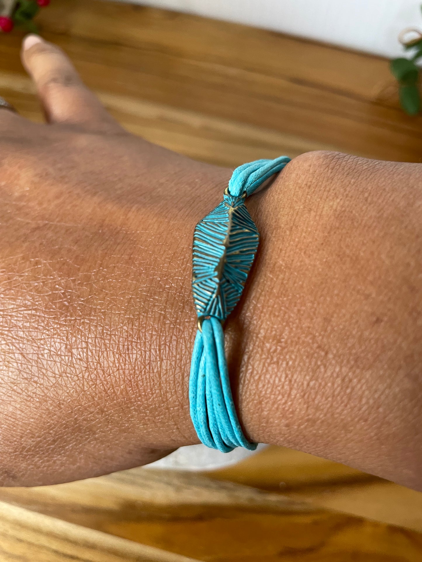 Leaf Turquoise, Turquoise Hemp Metal Inspirational Bracelet.