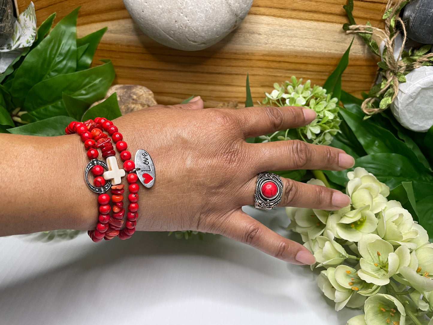 Red Bamboo Coral Chips, w/Reconstituted White Cross Stone, Healing Bracelet.