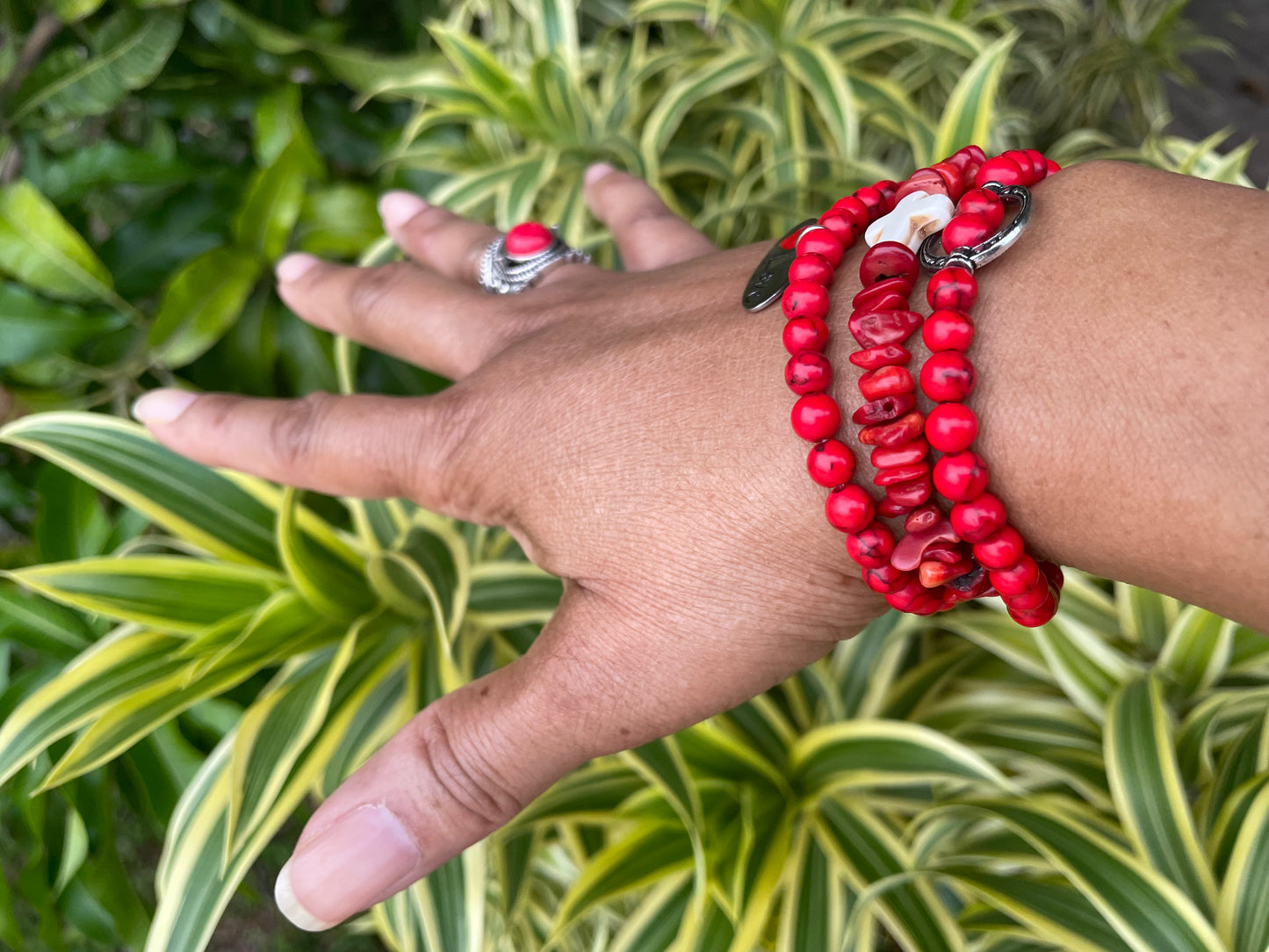 Red Bamboo Coral Stones w/Silver Spacer, Healing Bracelet.