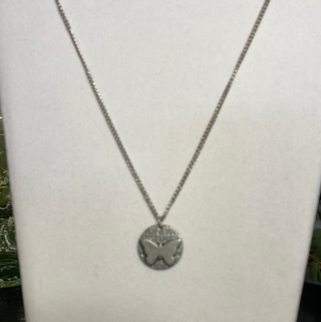 Butterfly, Silver Metal Necklace.