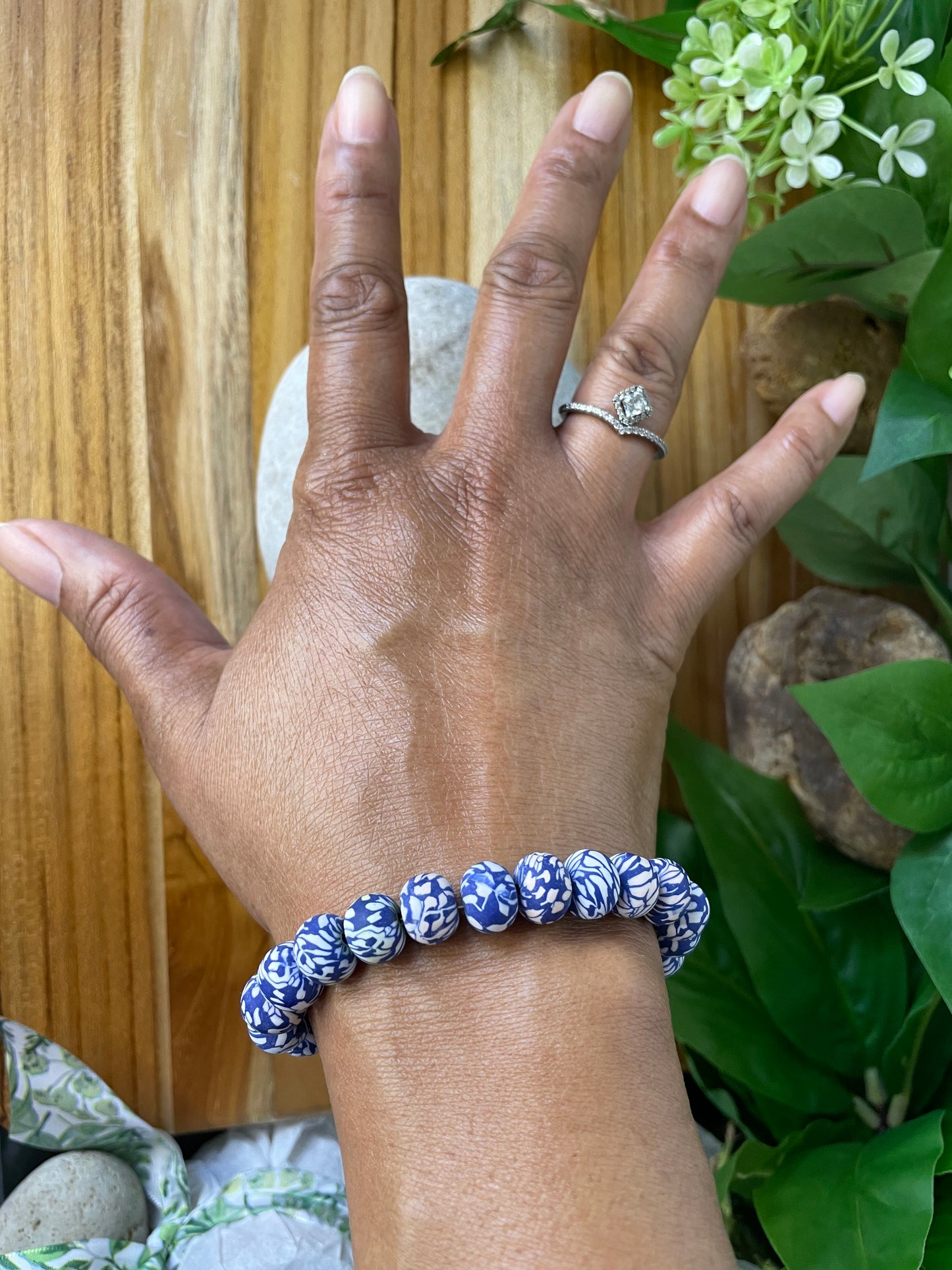 Clay, Blue & White Camouflage Rondelle, Healing Bracelet.