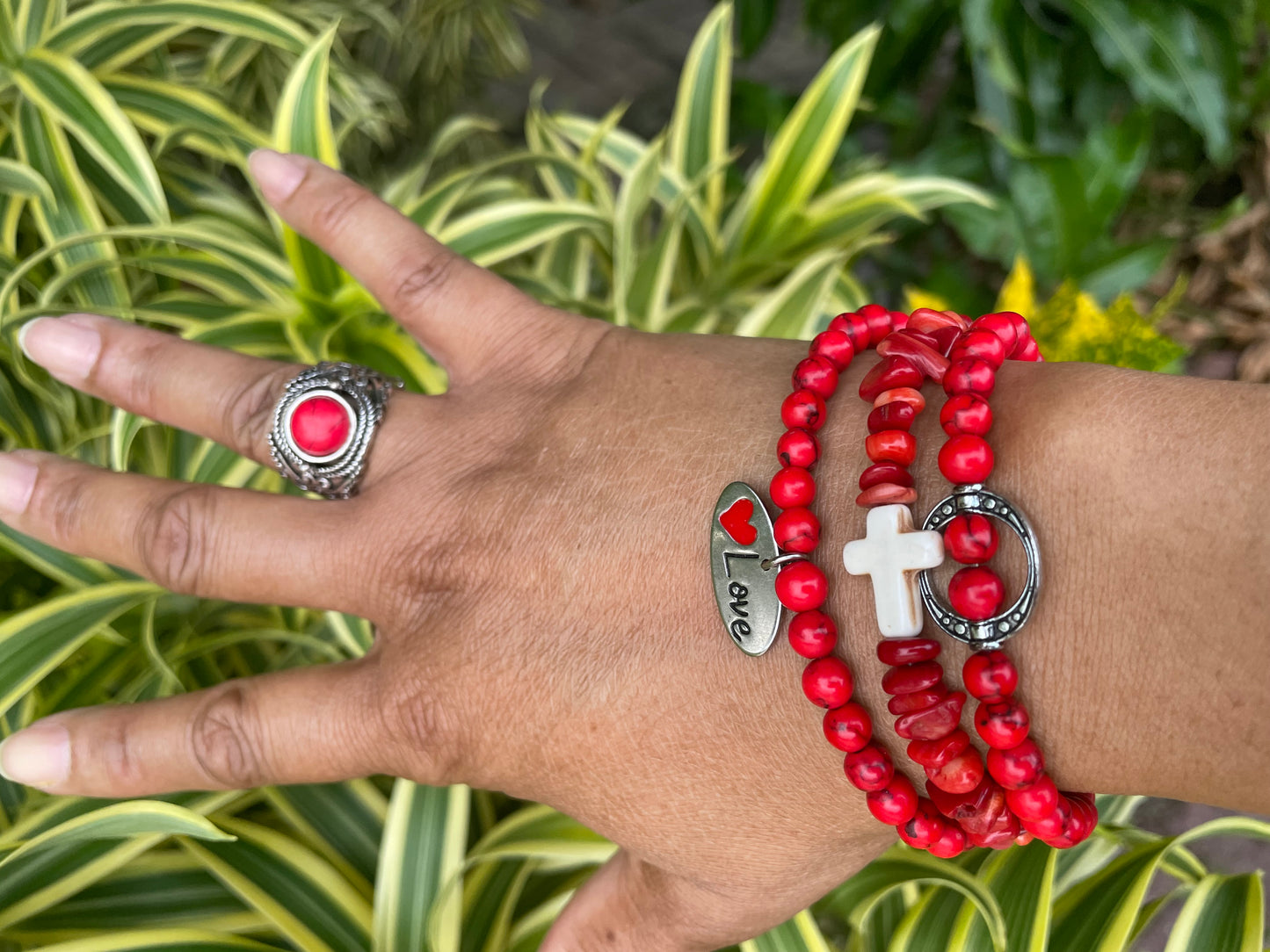 Red Bamboo Coral Chips, w/Reconstituted White Cross Stone, Healing Bracelet.