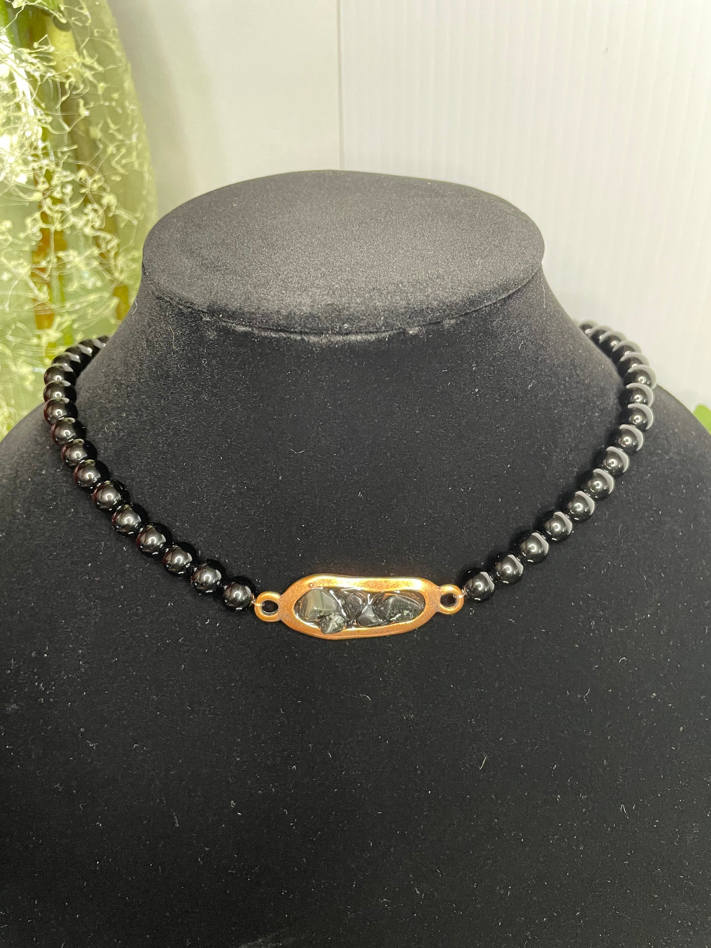 Jasper Stone Chocker w/Antique Copper Plate w/Black Obsidian Stones, Healing Necklace.