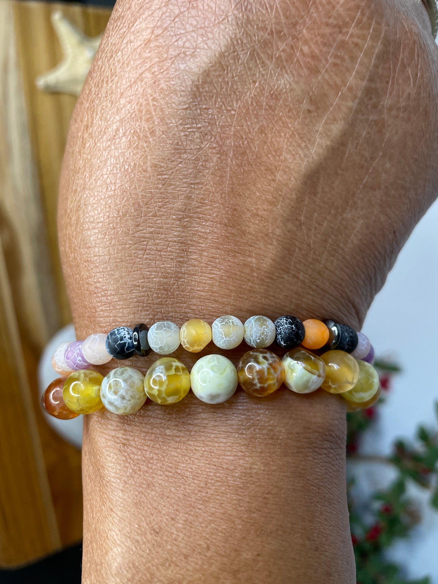 Agate Crackle Multi Colors w/Hematite Stones, Healing Bracelet.