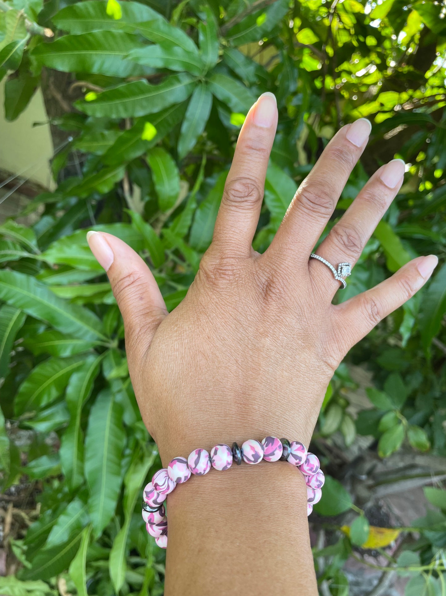 Clay, Pink Camouflage w/Hematite Stones Healing Bracelet.