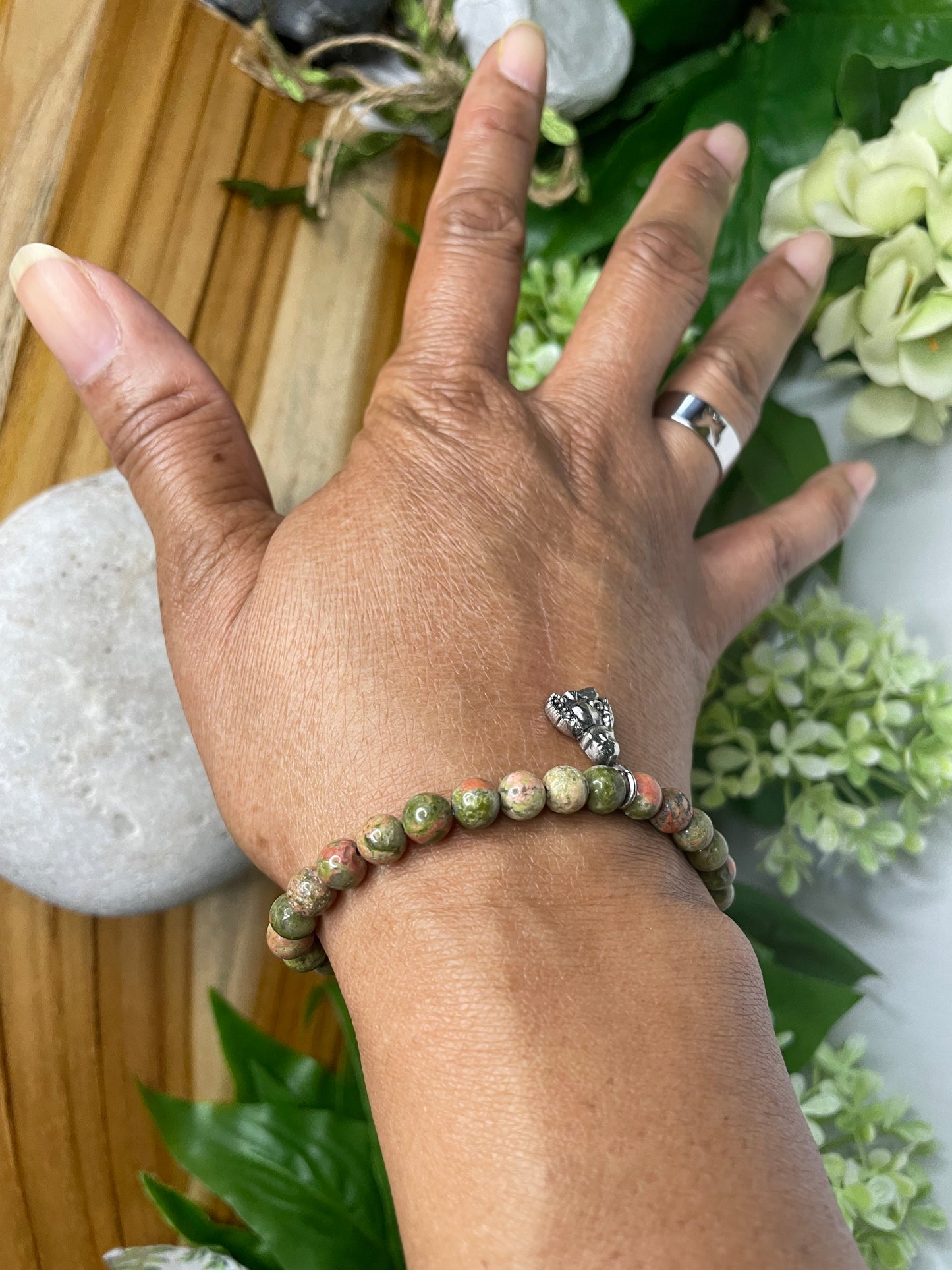 Green Unakite w/ Buddha, Healing Bracelet.