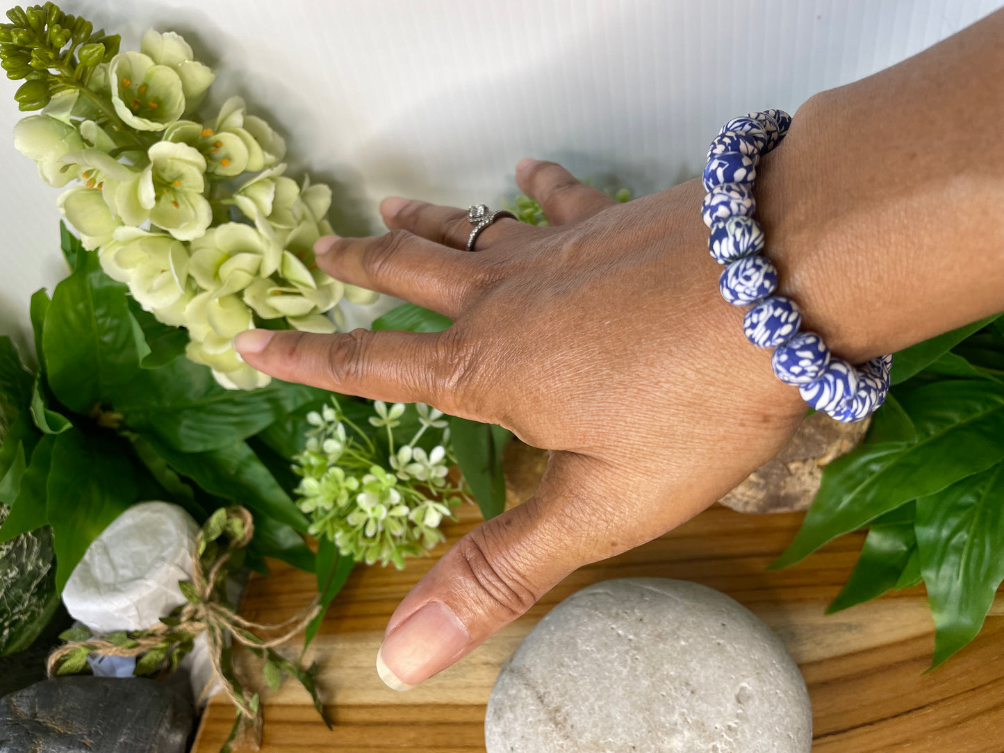 Clay, Blue & White Camouflage Rondelle, Healing Bracelet.