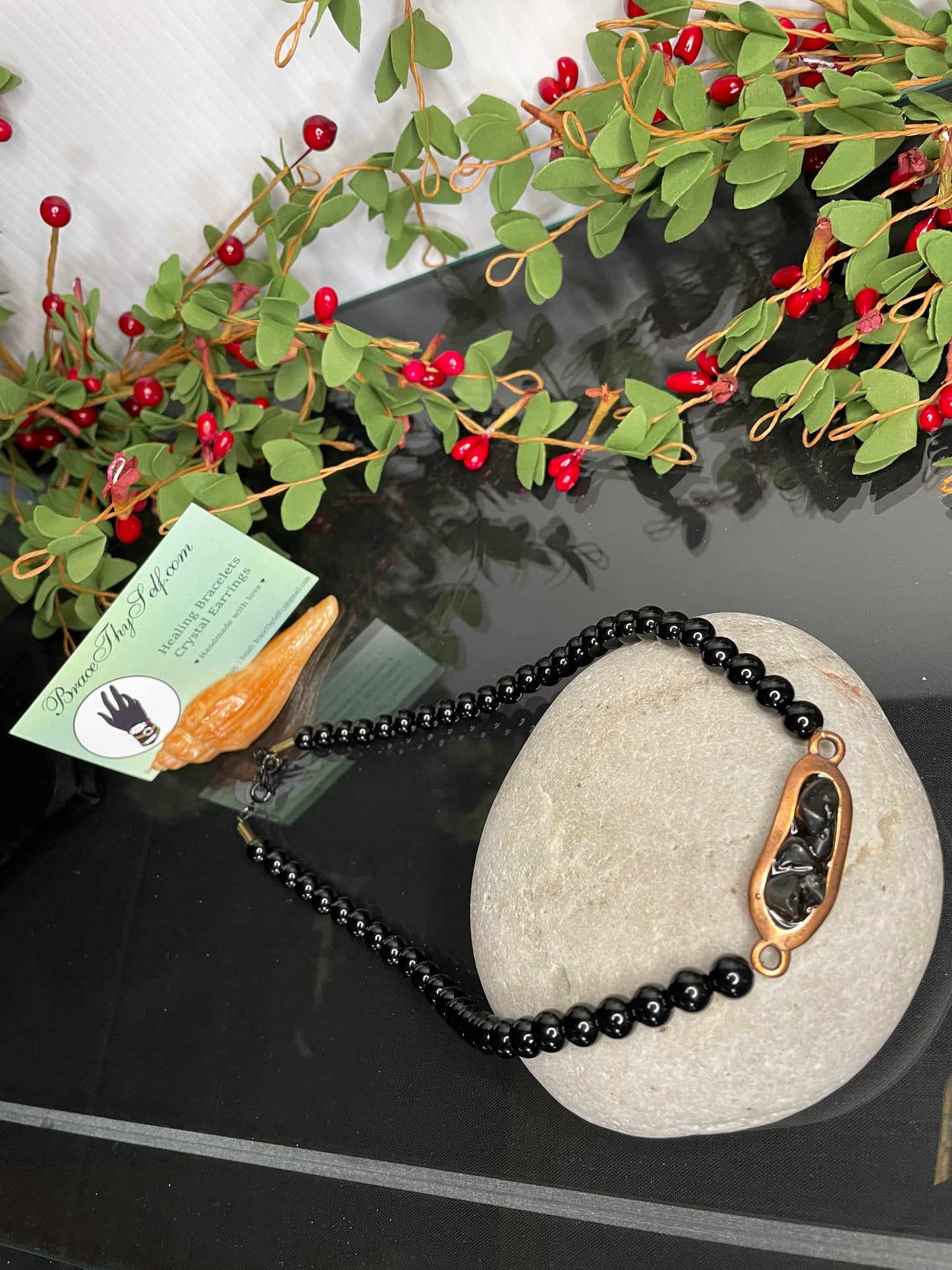 Jasper Stone Chocker w/Antique Copper Plate w/Black Obsidian Stones, Healing Necklace.