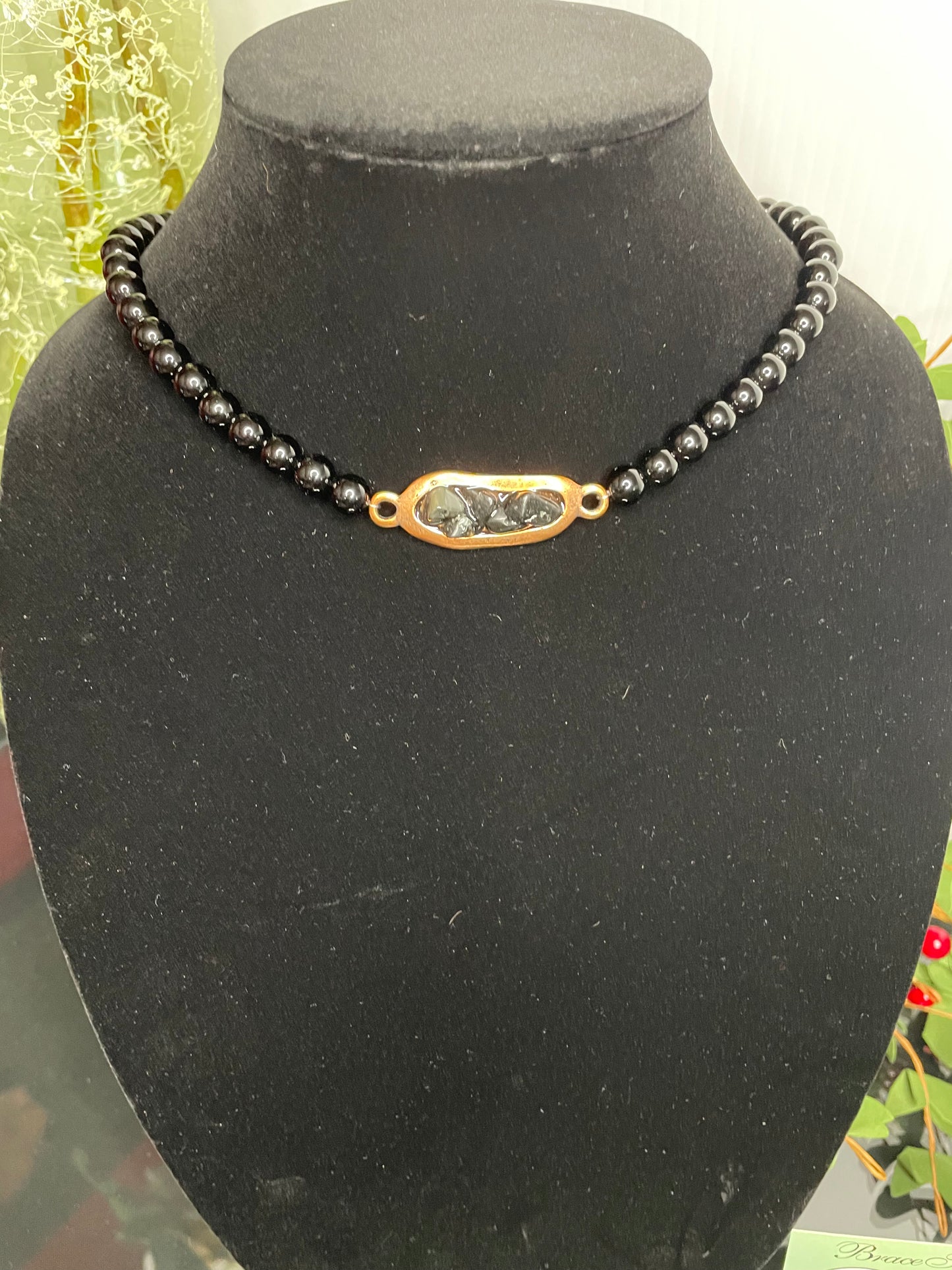 Jasper Stone Chocker w/Antique Copper Plate w/Black Obsidian Stones, Healing Necklace.