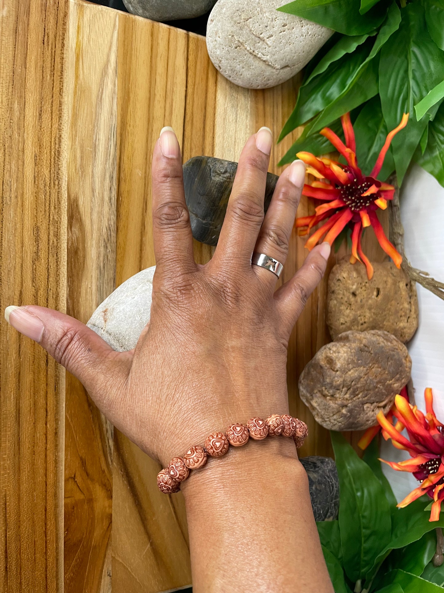 Amber Wood w/Hearts Healing Bracelet.