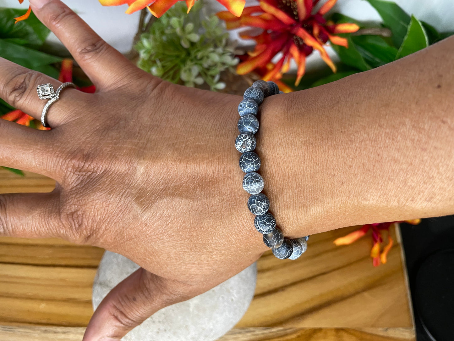 Agate, Crackle Black,  “Blue Stone” Healing Bracelet.