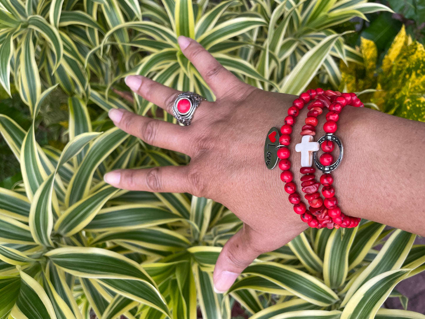 Red Bamboo Coral Chips, w/Reconstituted White Cross Stone, Healing Bracelet.