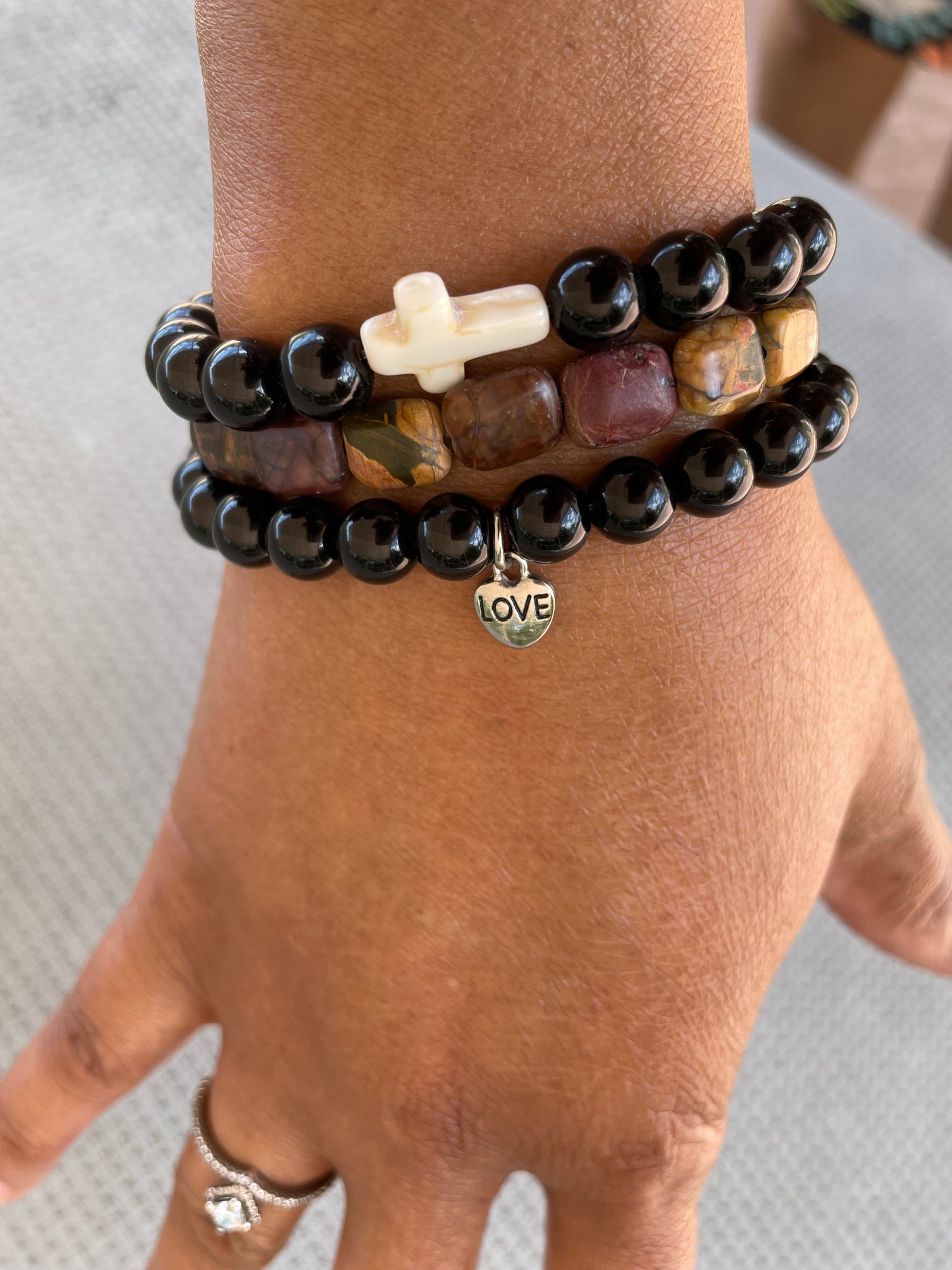 Jasper Black w/Reconstituted White Cross Stone, Healing Bracelet.