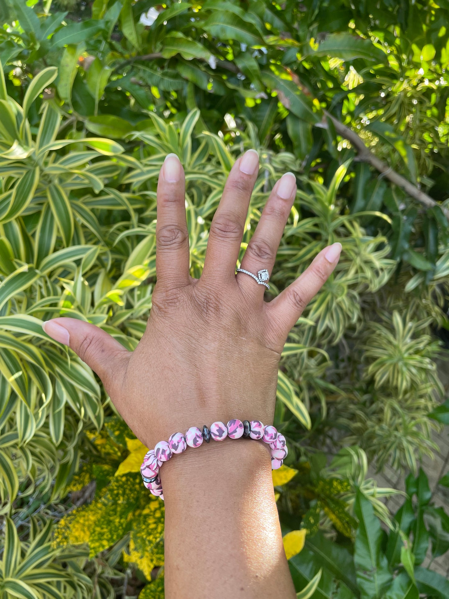 Clay, Pink Camouflage w/Hematite Stones Healing Bracelet.