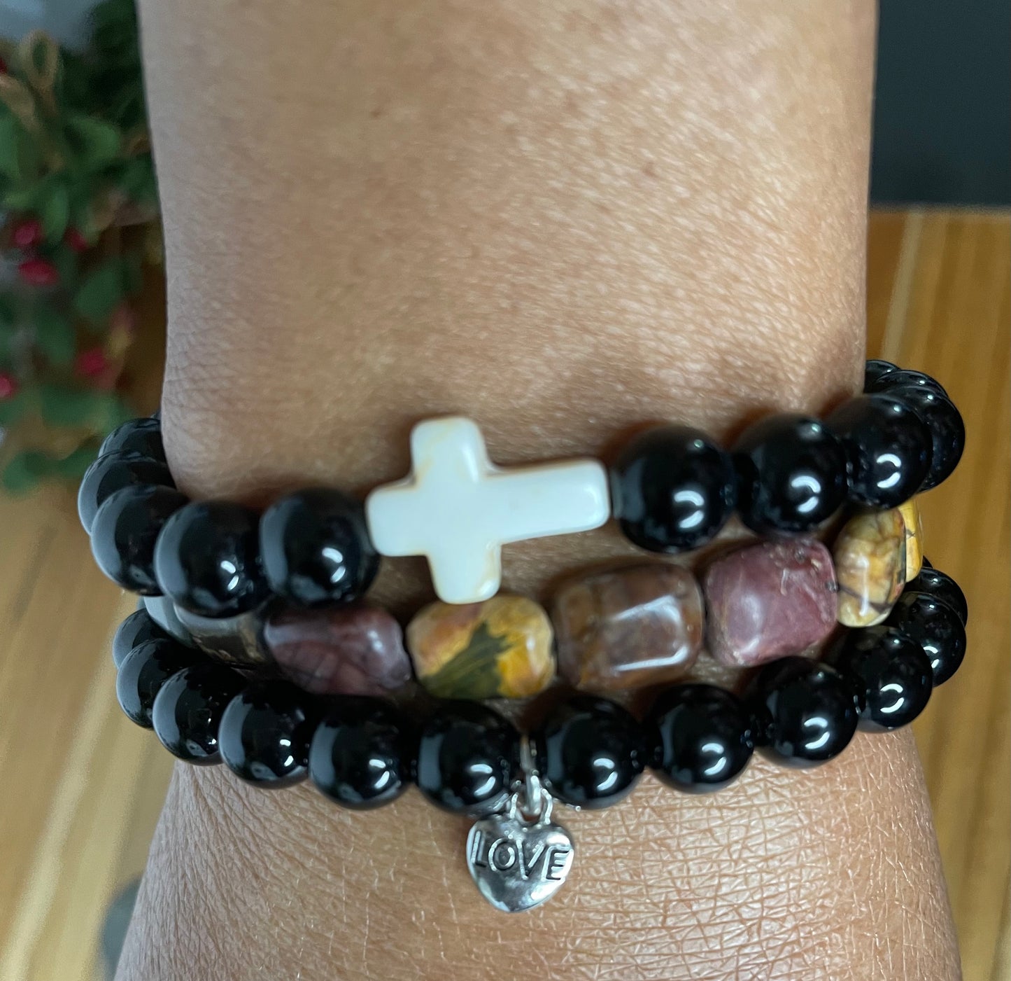 Jasper Black w/Heart “Love” Healing Bracelet.