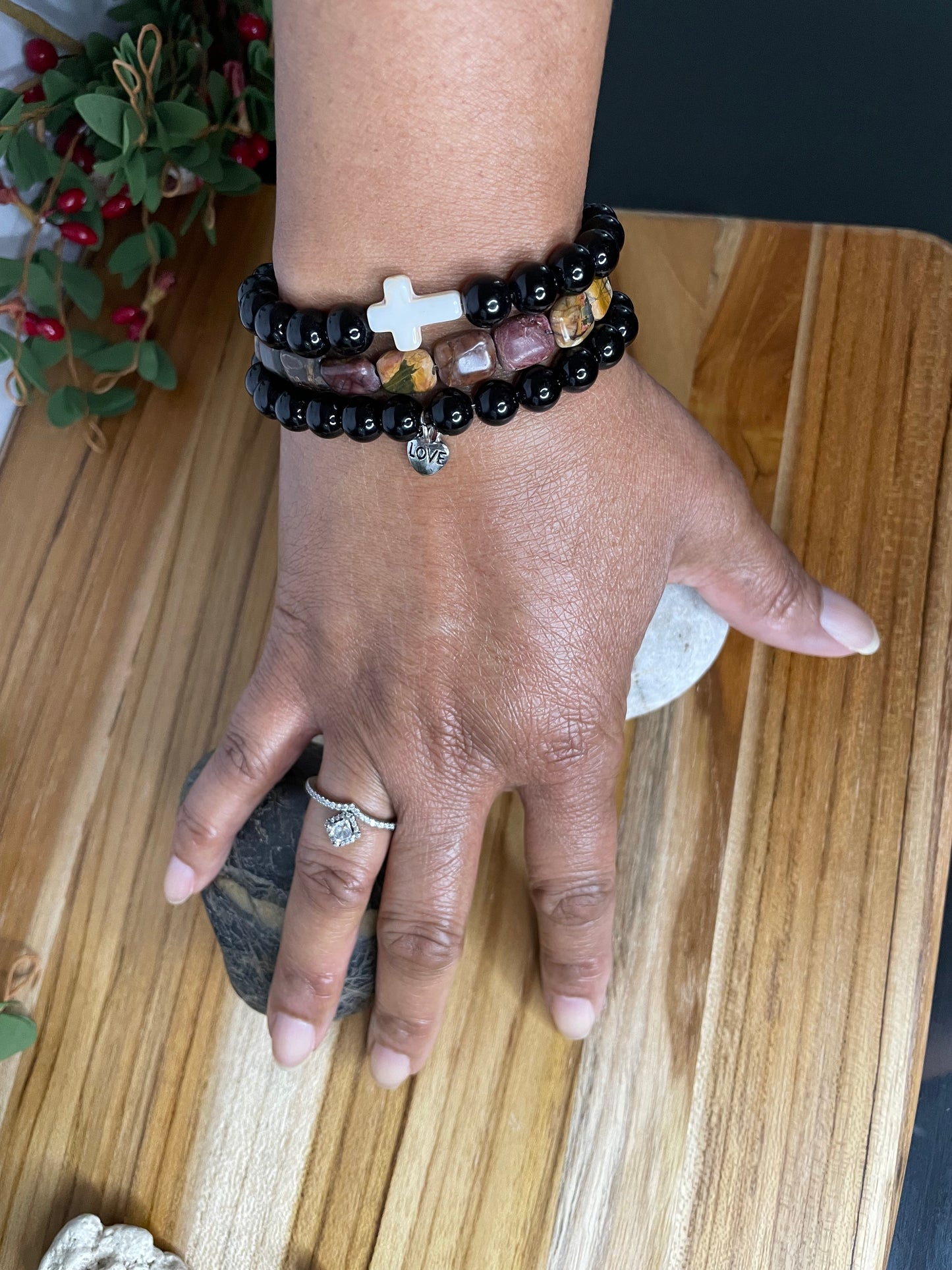 Jasper Black w/Reconstituted White Cross Stone, Healing Bracelet.