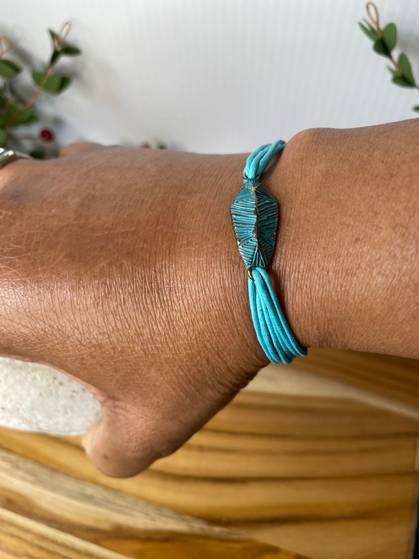 Leaf Turquoise, Turquoise Hemp Metal Inspirational Bracelet.