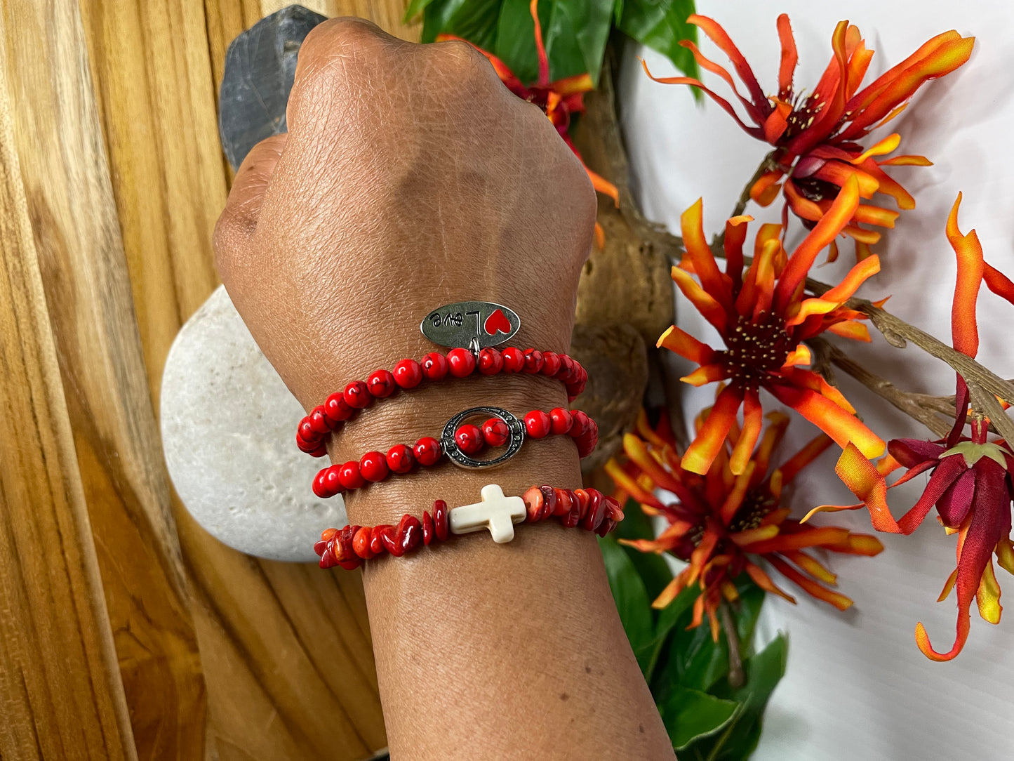 Red Bamboo Coral w/Love Charm, Healing Bracelet.