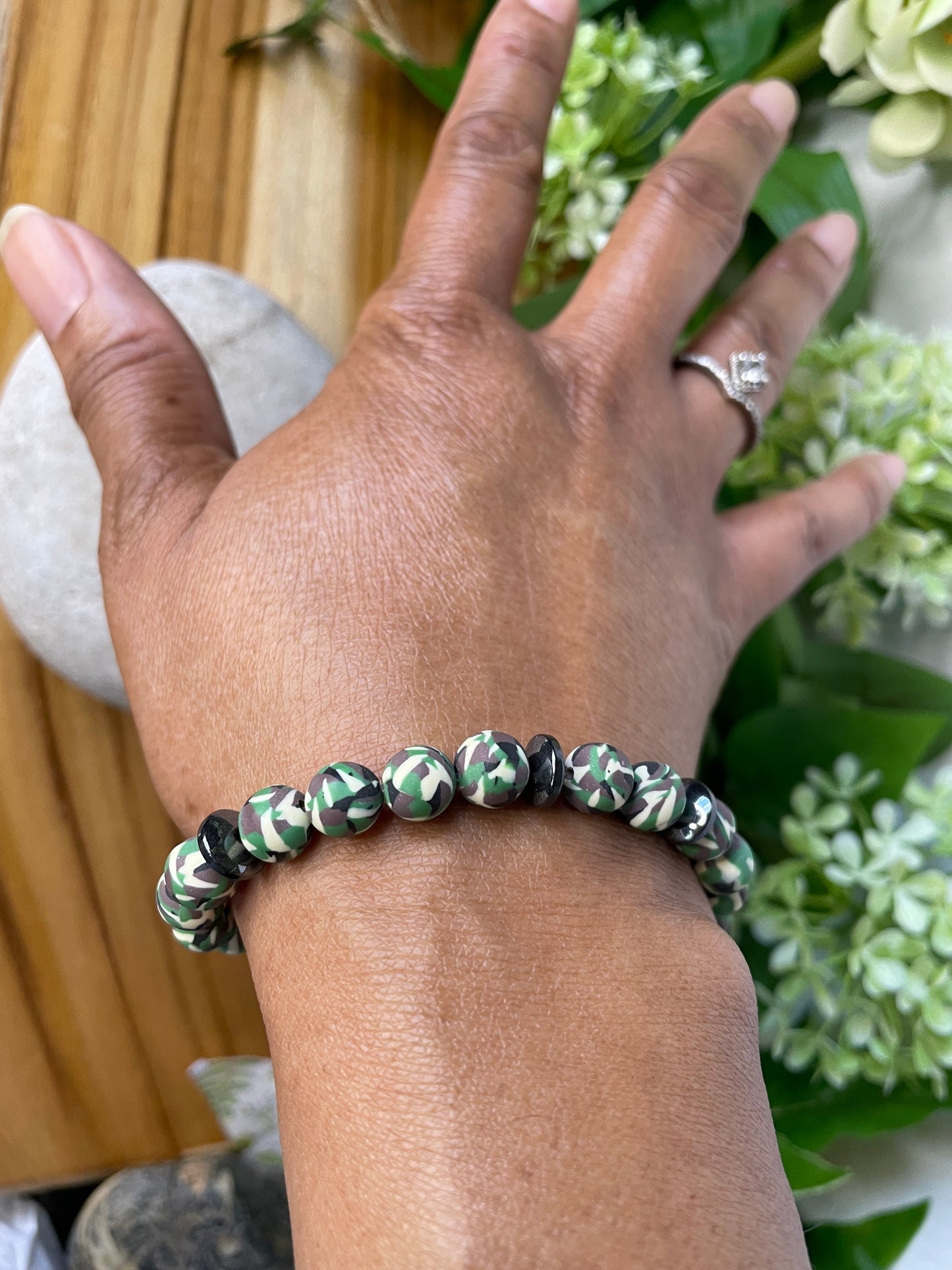 Clay, Green Camouflage w/Hematite Stones, Healing Bracelet.