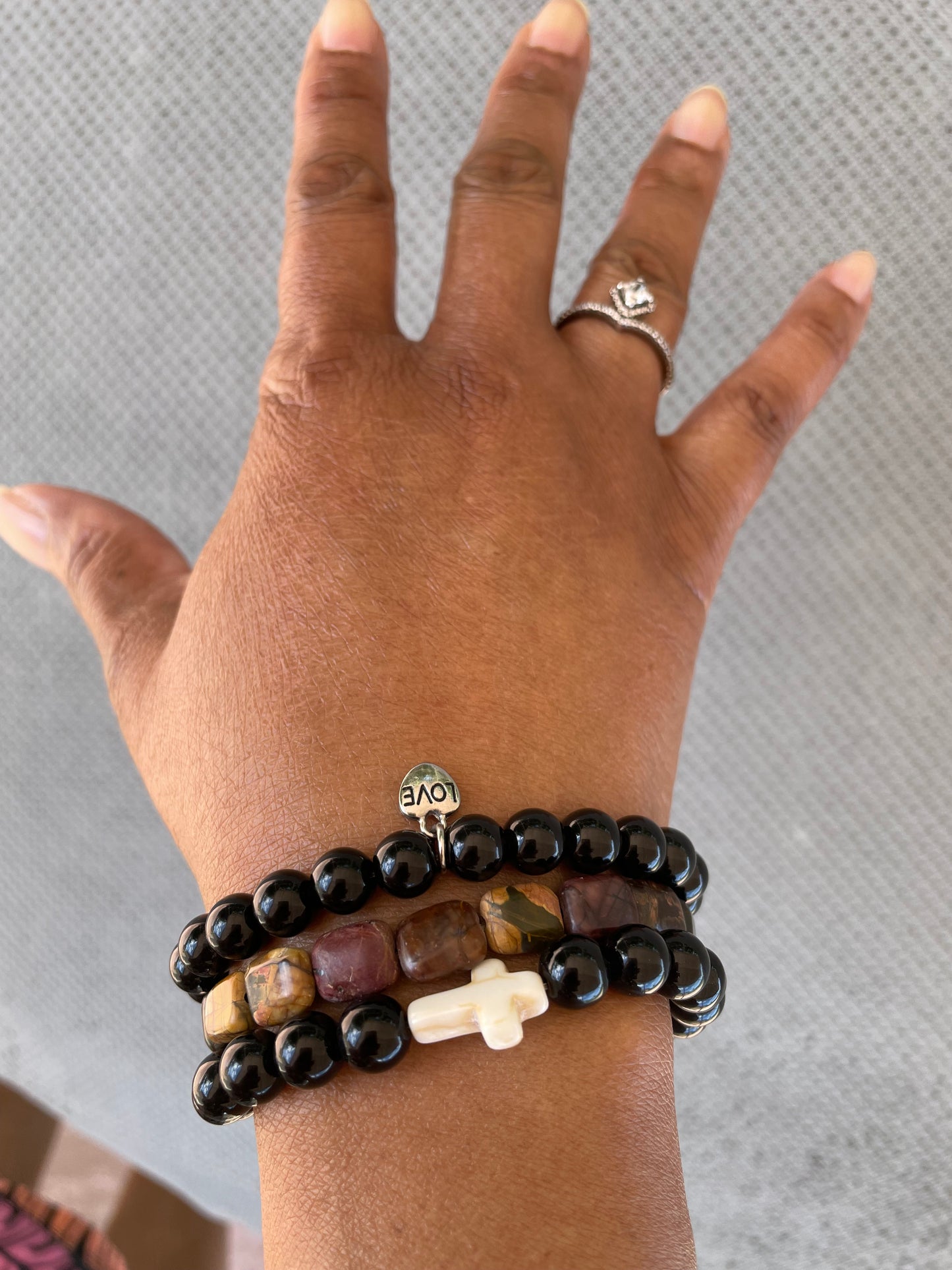 Jasper Black w/Reconstituted White Cross Stone, Healing Bracelet.