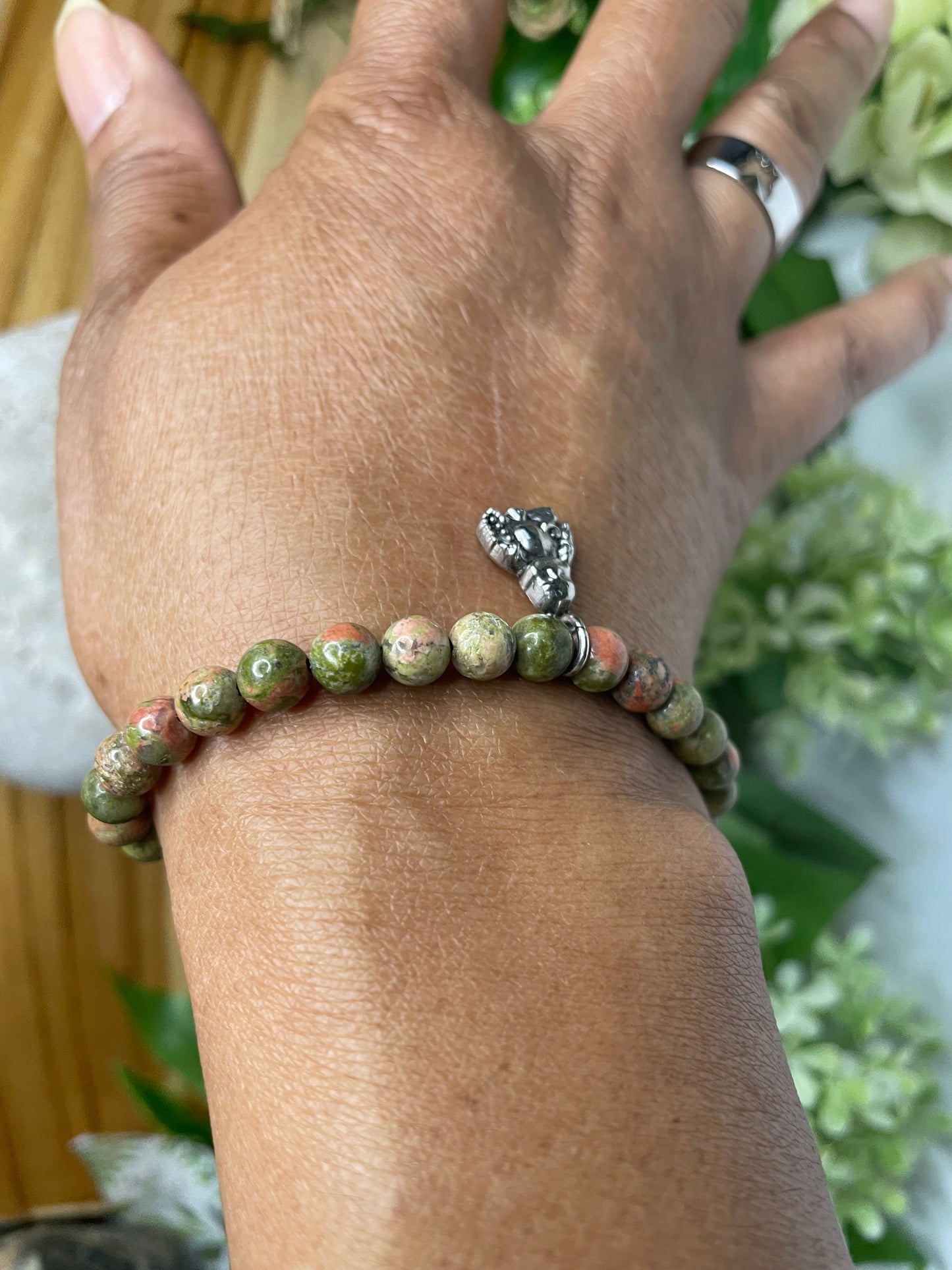 Green Unakite w/ Buddha, Healing Bracelet.