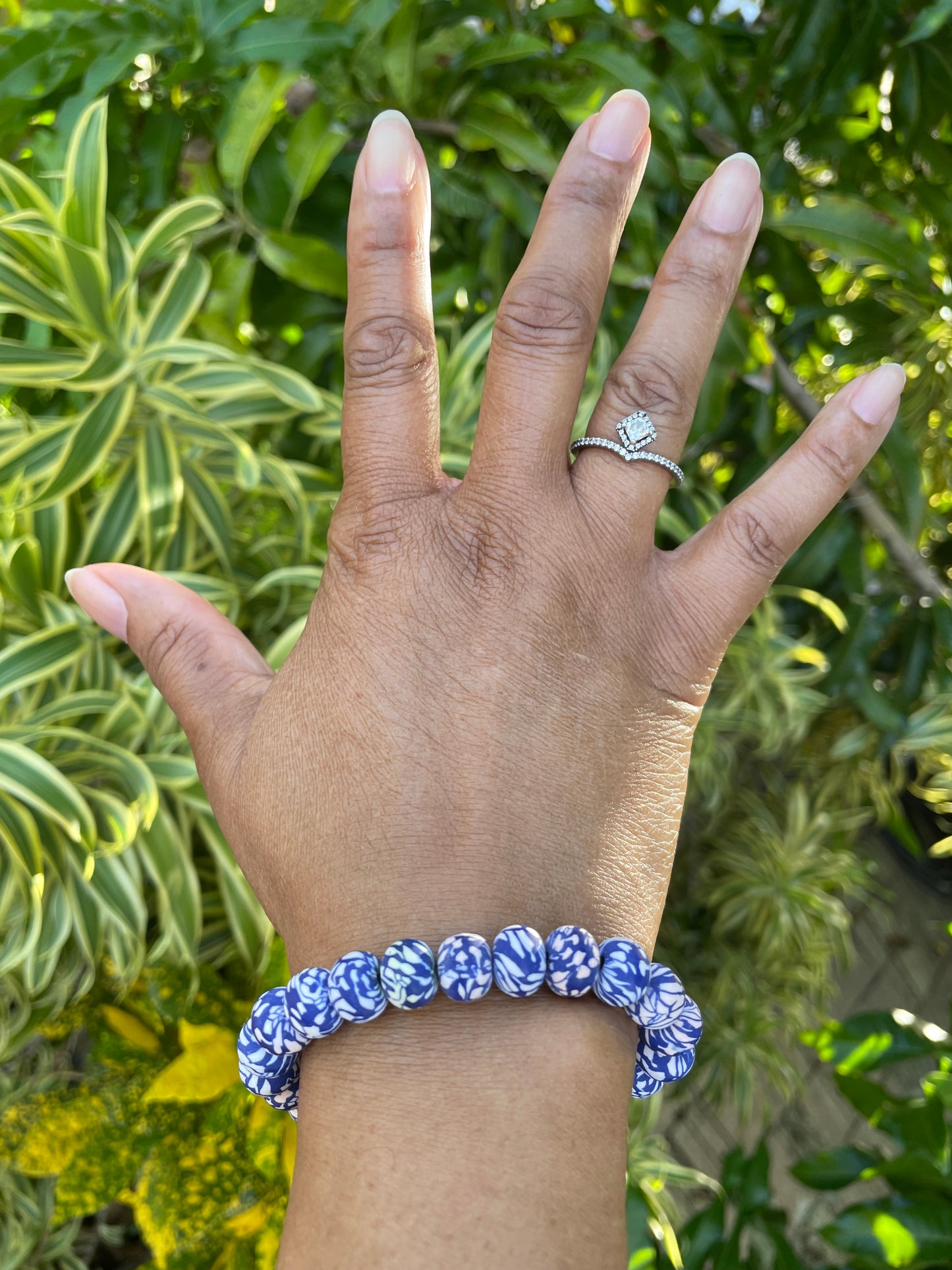 Clay, Blue & White Camouflage Rondelle, Healing Bracelet.